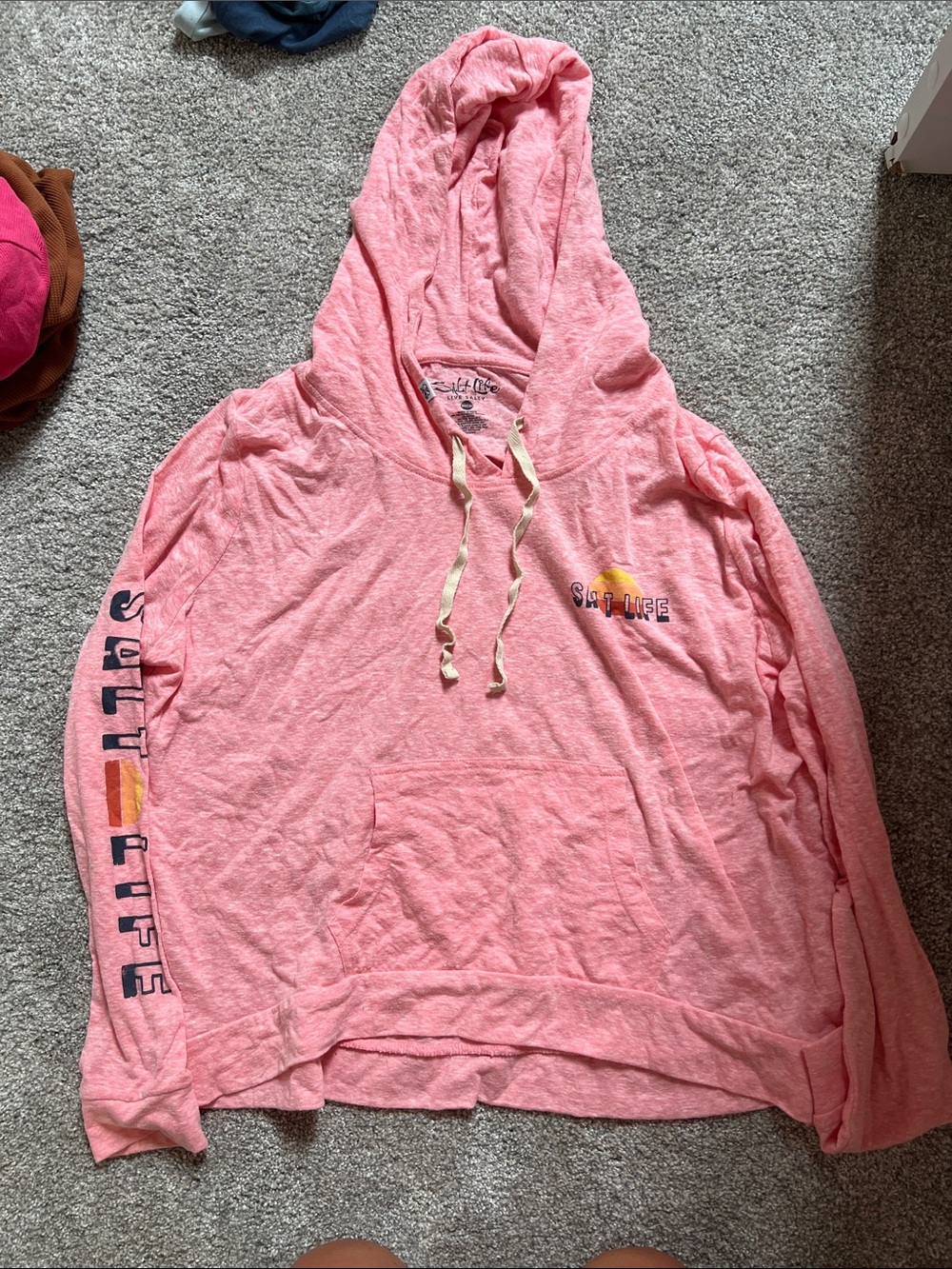 Salt Life Coral Pink Hooded Pullover with Sleeve Script